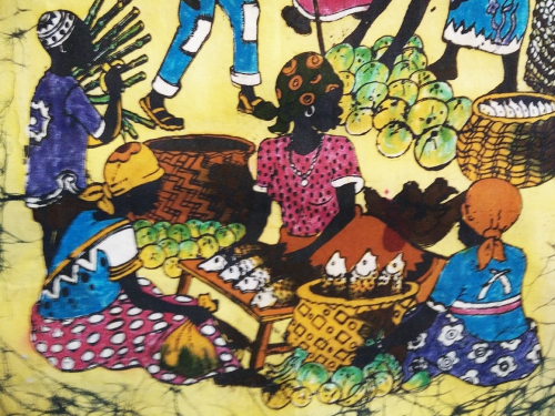 Кенийский батик "Рынок среди пальм" 90х59см