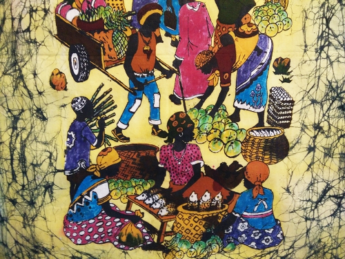 Кенийский батик "Рынок среди пальм" 90х59см